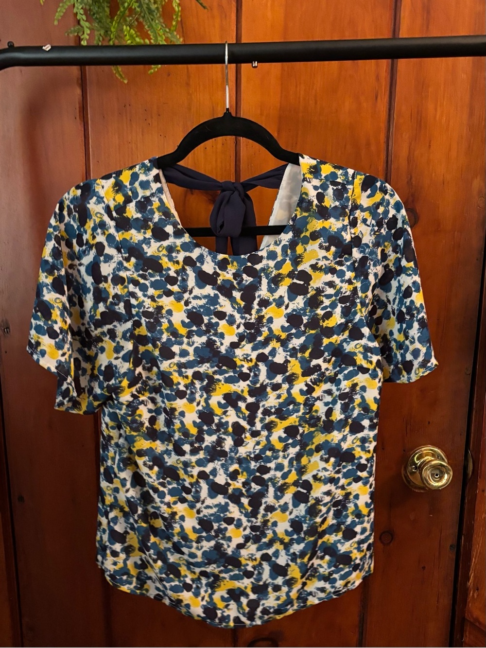 Womens Navy Blue & Yellow Abstract Print Tie-Back Top